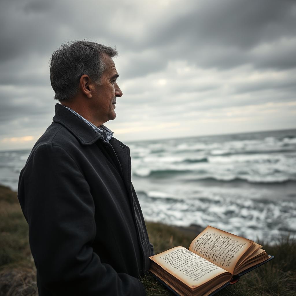 A middle-aged man with salt-and-pepper hair standing solemnly by a grassy shoreline, gazing at the restless ocean waves