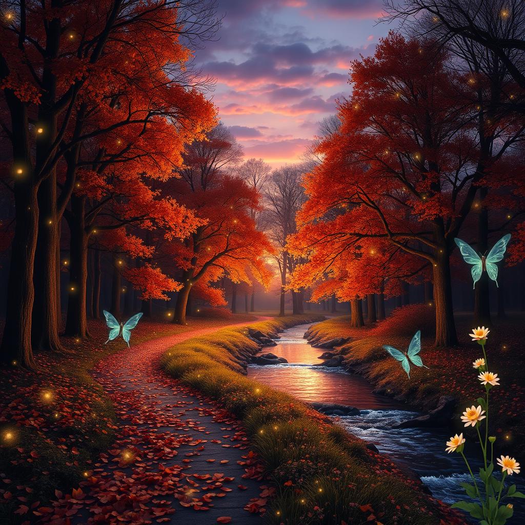 An enchanting forest at dusk, filled with luminous fireflies, casting a magical glow on the trees