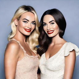 Generate a portrait of Margot Robbie and Megan Fox standing together in a friendly pose, both smiling towards the camera.