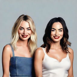 Generate a portrait of Margot Robbie and Megan Fox standing together in a friendly pose, both smiling towards the camera.