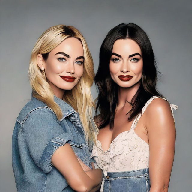 Generate a portrait of Margot Robbie and Megan Fox standing together in a friendly pose, both smiling towards the camera.