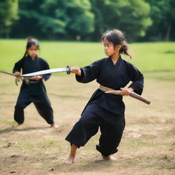 A young girl is learning the traditional martial art of Silat, training with a machete and trident on a school field along with her friends.