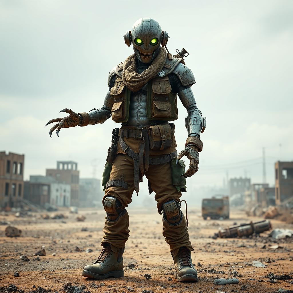 An Assaultron from the Fallout series wearing wasteland attire, featuring rugged, post-apocalyptic clothing mixed with its robotic components