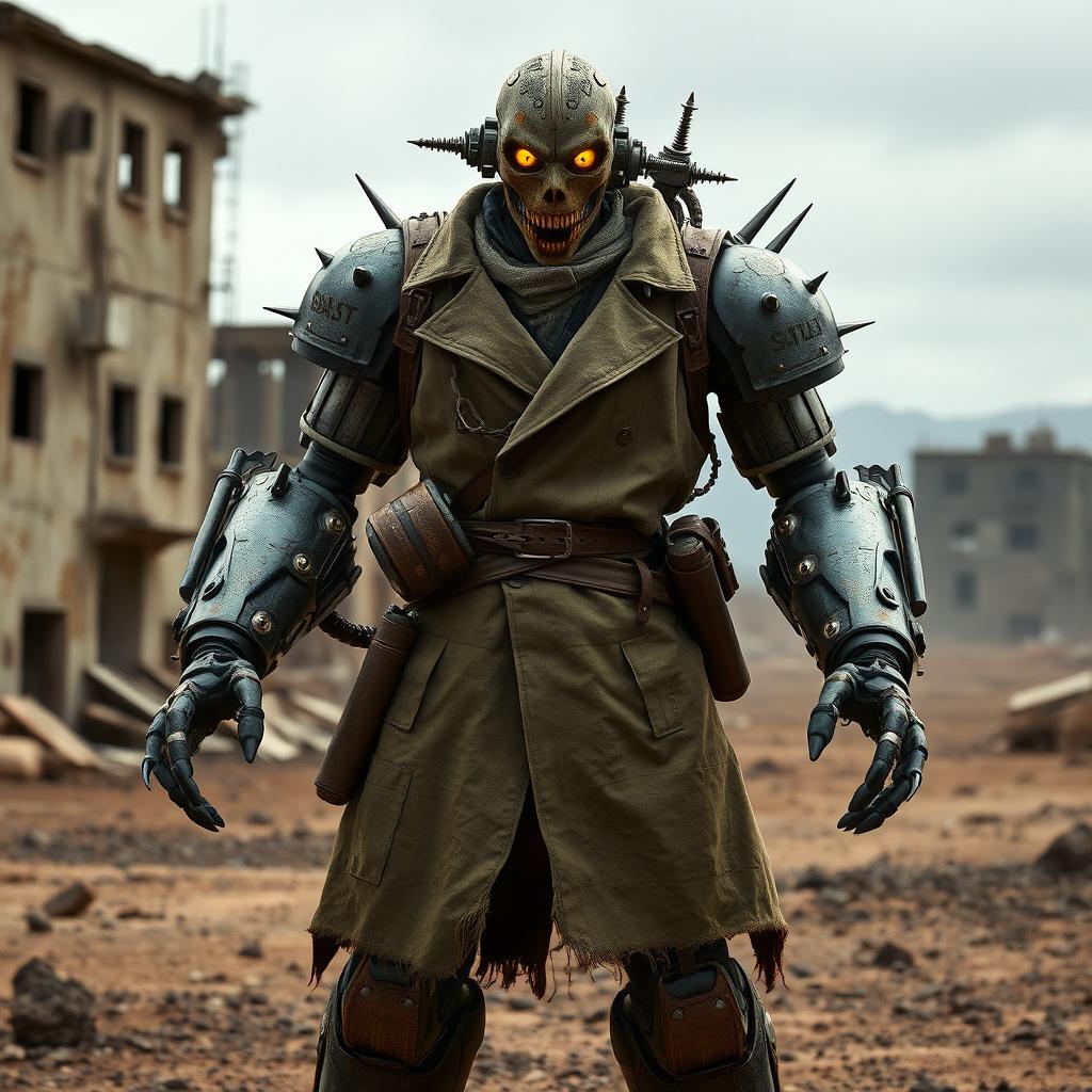 An Assaultron from the Fallout series dressed in wasteland attire, showcasing a rugged, post-apocalyptic look