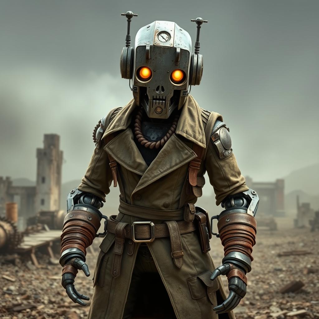An Assaultron from the Fallout series, maintaining its iconic design, adorned with wasteland clothing