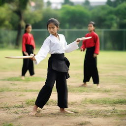 A young girl is learning the traditional martial art of Silat, training with a machete and trident on a school field along with her friends.