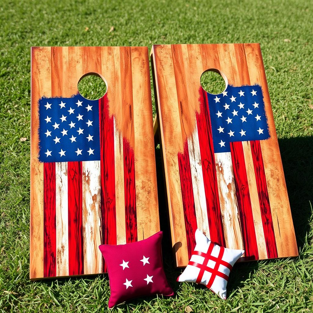 A pair of cornhole boards with a vivid and eye-catching patriotic theme, featuring the American flag prominently displayed on each board