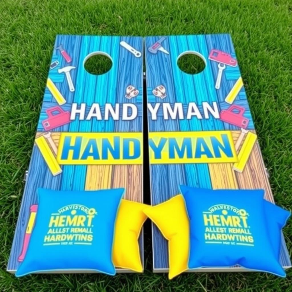 A promotional cornhole board designed for a Handyman business located in Galveston, Indiana
