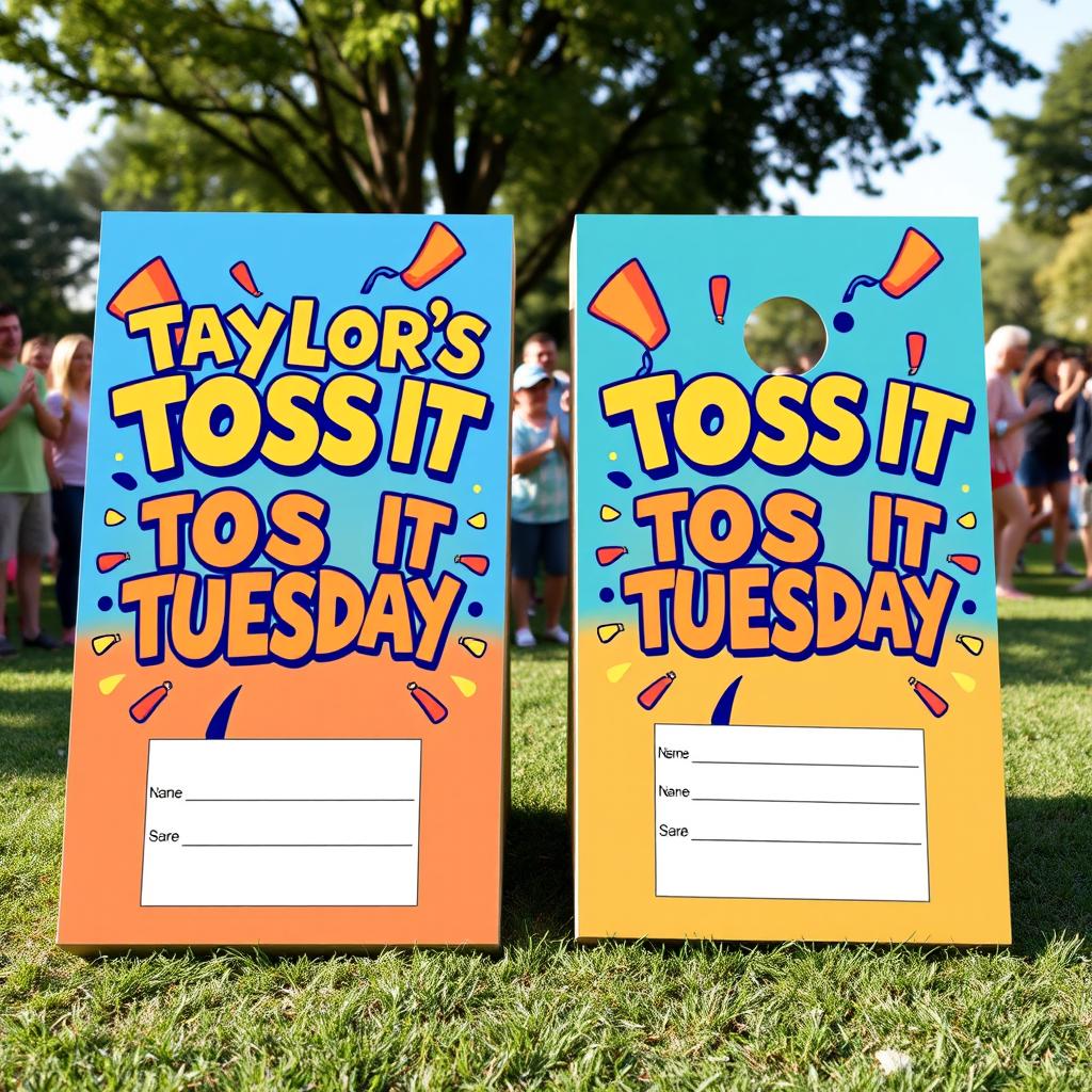 A vibrant and engaging design for cornhole boards branded with 'Taylor's Toss It Tuesday'