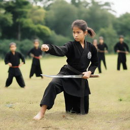 A young girl is learning the traditional martial art of Silat, training with a machete and trident on a school field along with her friends.