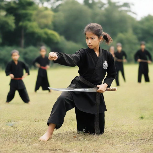 A young girl is learning the traditional martial art of Silat, training with a machete and trident on a school field along with her friends.