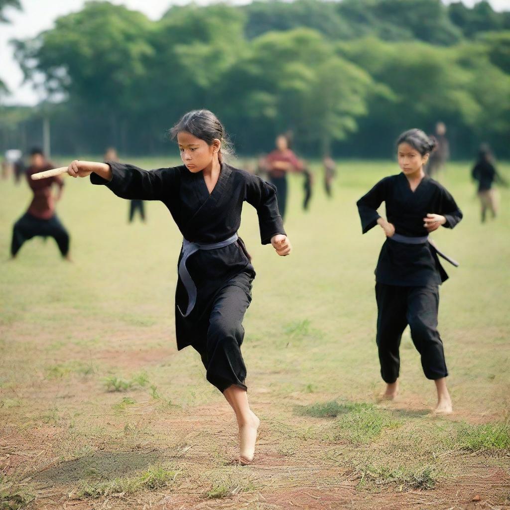 A young girl is learning the traditional martial art of Silat, training with a machete and trident on a school field along with her friends.