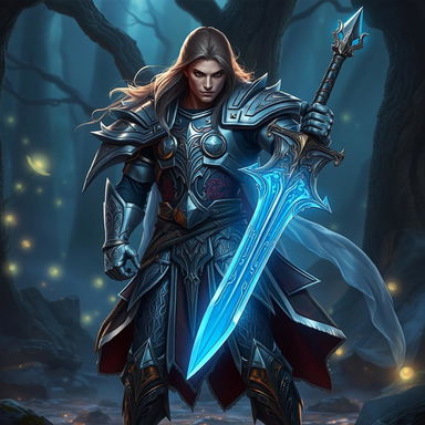 A powerful warrior character standing in a dramatic pose, wielding a beautifully crafted sword in a fantastical setting