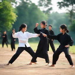 A young girl is learning Silat, a traditional martial art, sparring with a machete on a school field together with her friends.