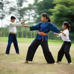 A young girl is learning Silat, a traditional martial art, sparring with a machete on a school field together with her friends.