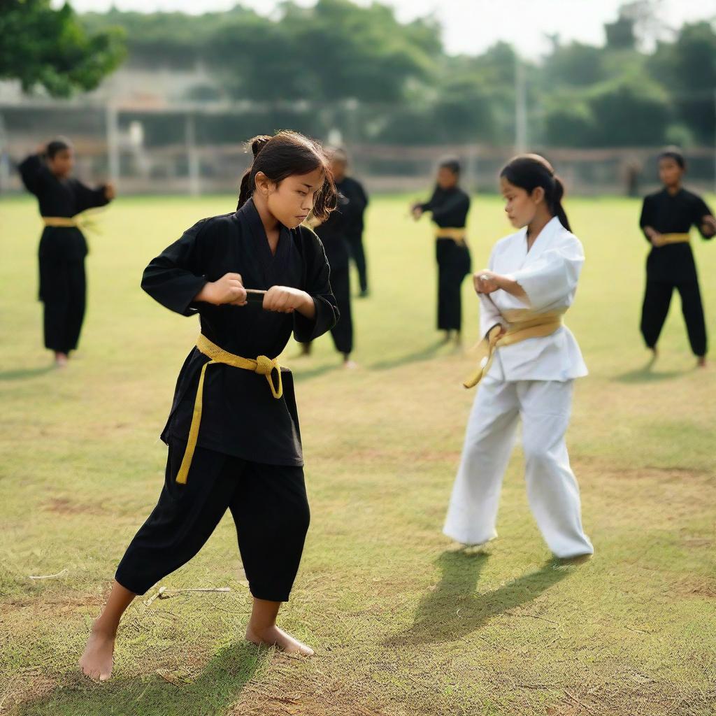 A young girl is learning Silat, a traditional martial art, sparring with a machete on a school field together with her friends.