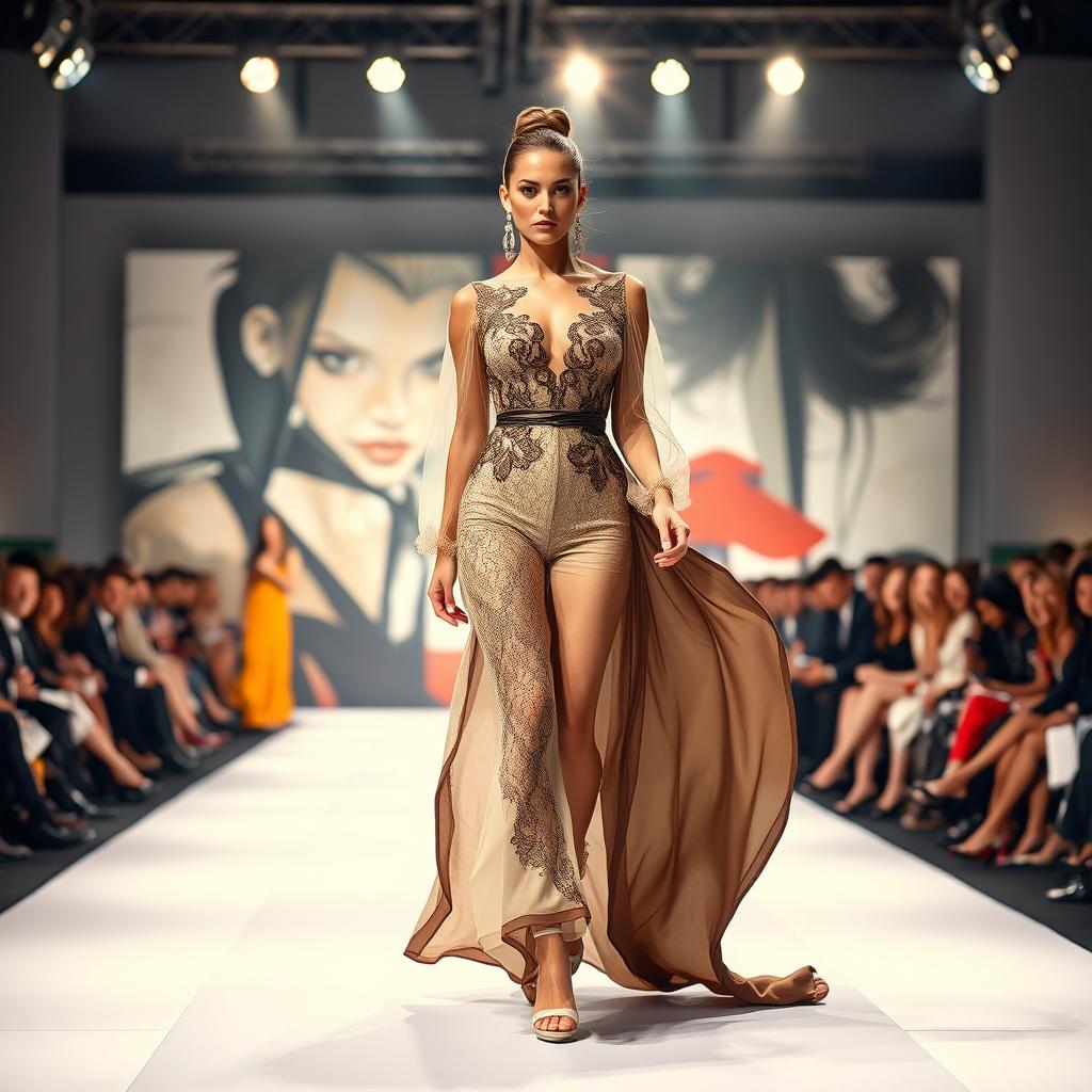 A stunning high-fashion model walking down a sleek runway in a luxurious designer outfit