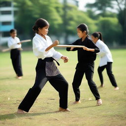 A young girl is learning Silat, a traditional martial art, sparring with a machete on a school field together with her friends.