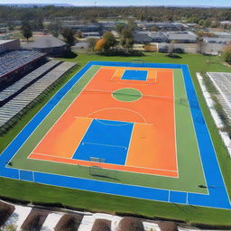 A panoramic view of a lively sports court, with high-quality turf, freshly painted lines, and well-maintained bleachers, under a clear blue sky.