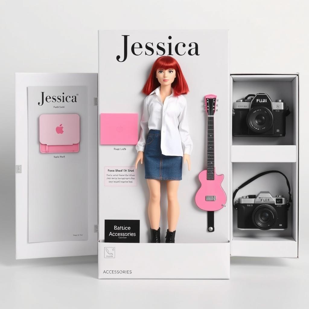 A stylish and minimalist retail packaging for a collectible doll named 'Jessica'