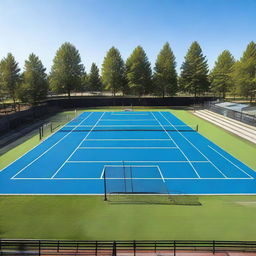 A panoramic view of a lively sports court, with high-quality turf, freshly painted lines, and well-maintained bleachers, under a clear blue sky.