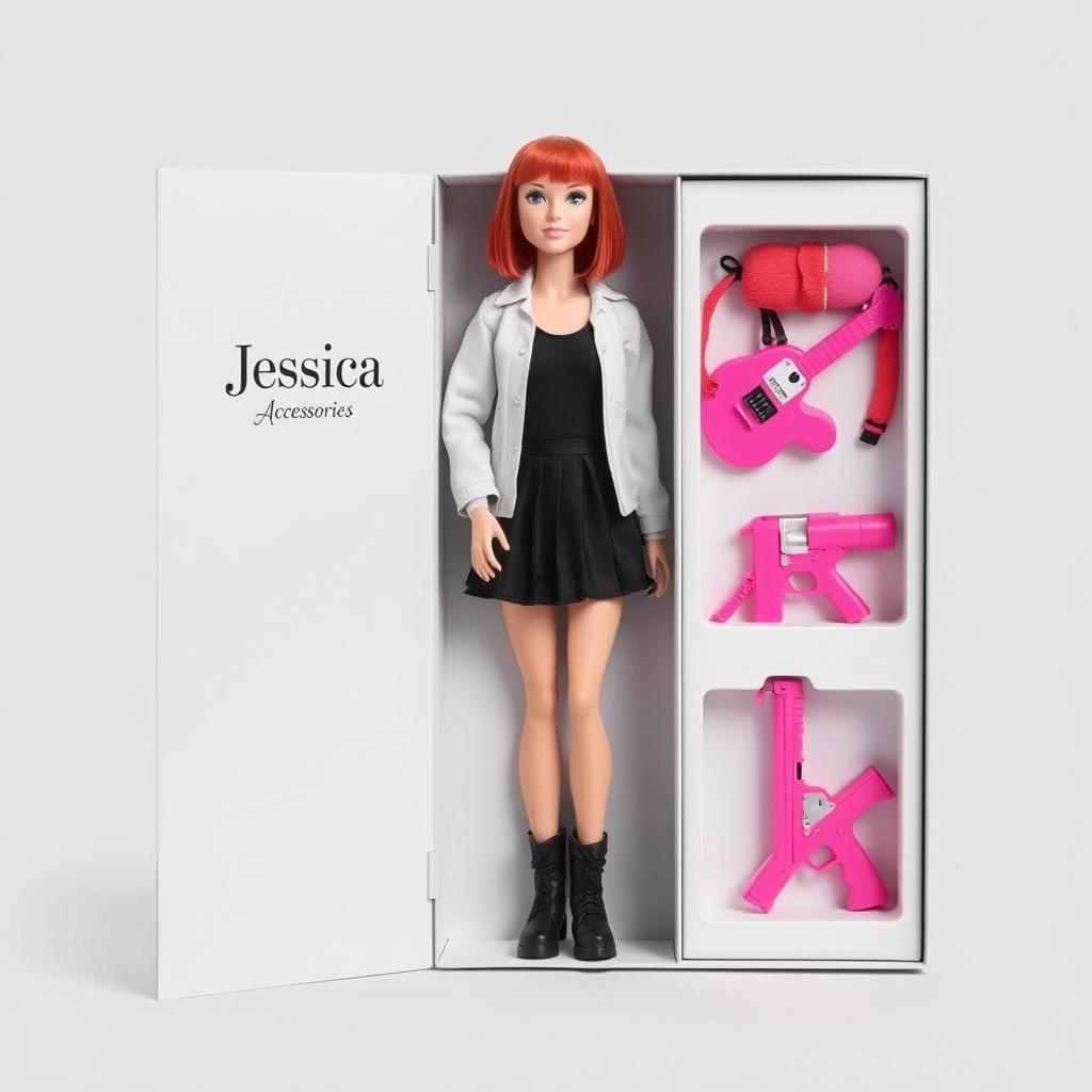 A collectible doll named 'Jessica' elegantly displayed inside a stylish, minimalist retail packaging