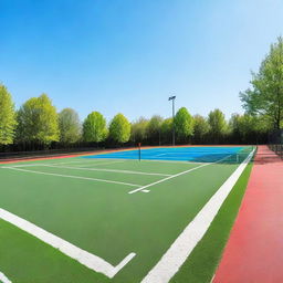 A panoramic view of a lively sports court, with high-quality turf, freshly painted lines, and well-maintained bleachers, under a clear blue sky.