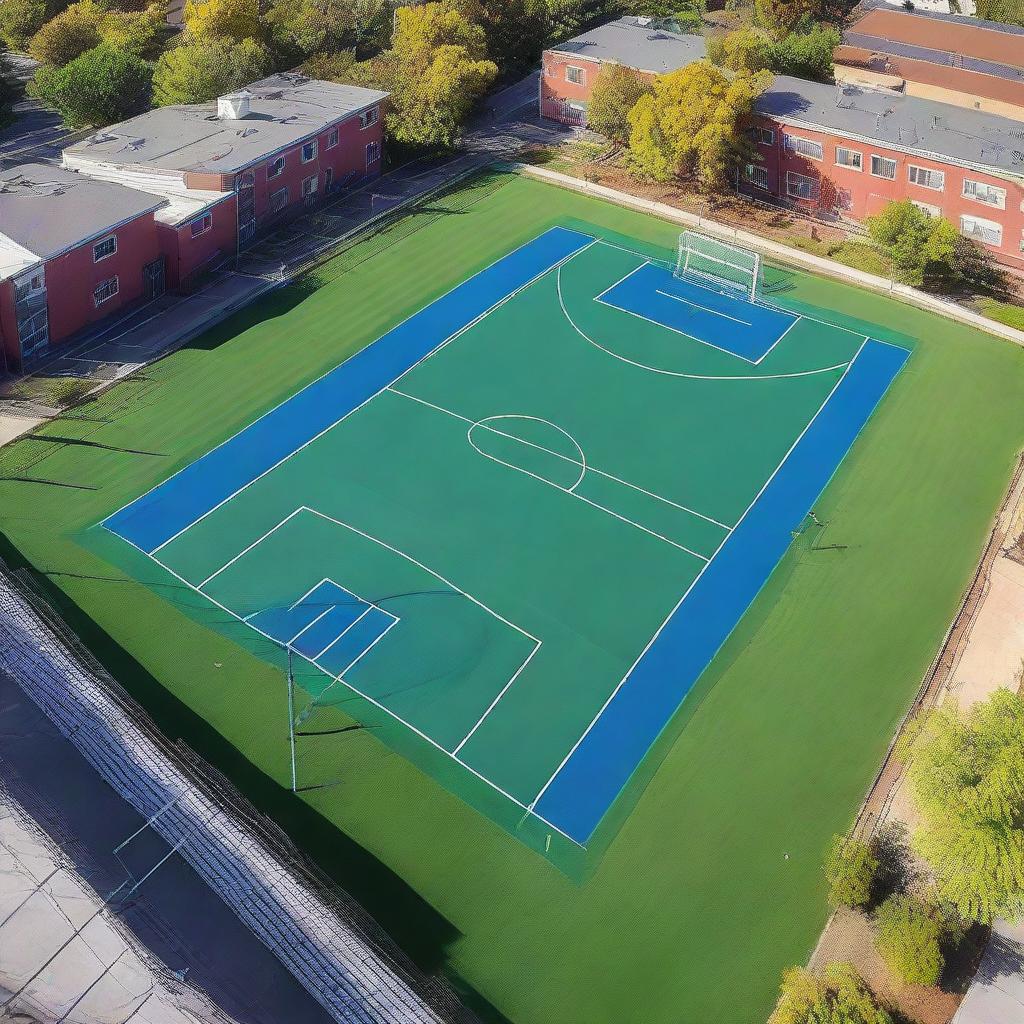 A panoramic view of a lively sports court, with high-quality turf, freshly painted lines, and well-maintained bleachers, under a clear blue sky.