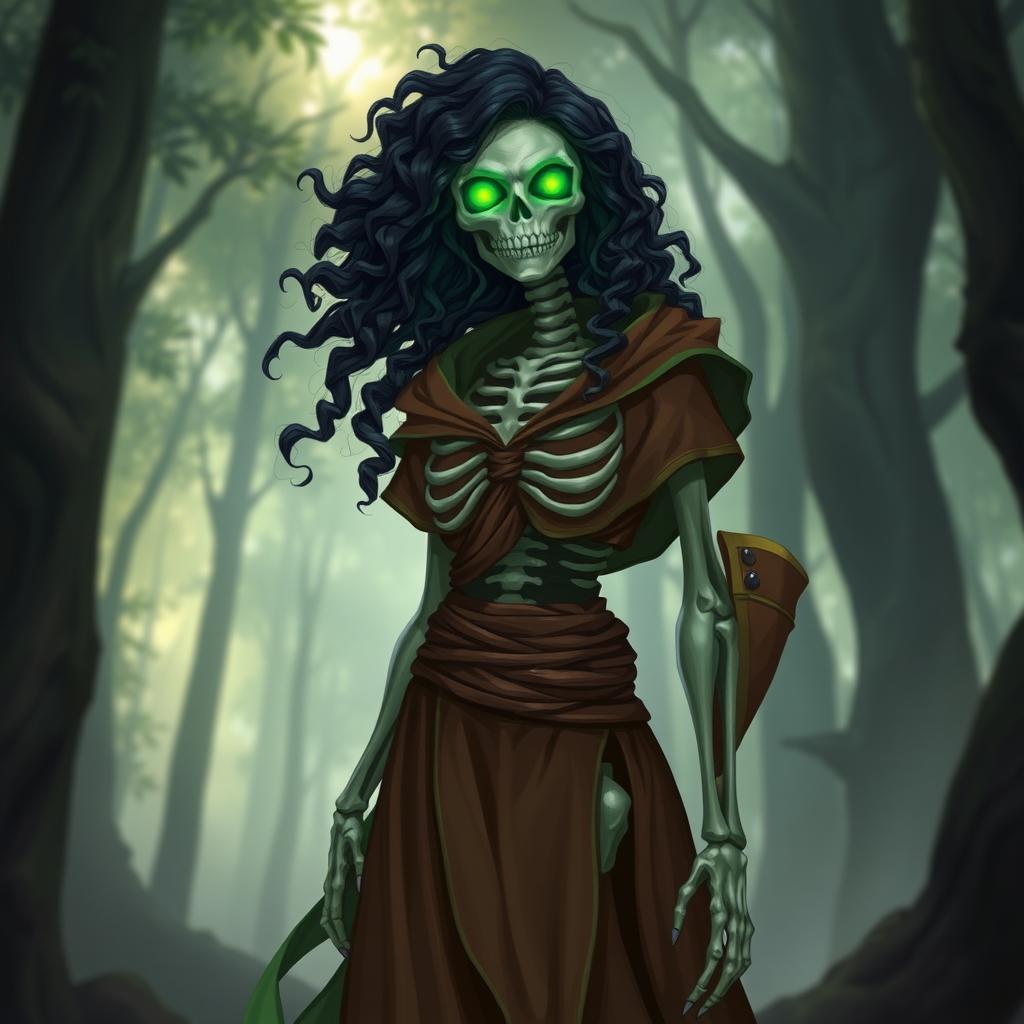 A female skeleton cleric dressed in a flowing brown and green robe, standing confidently
