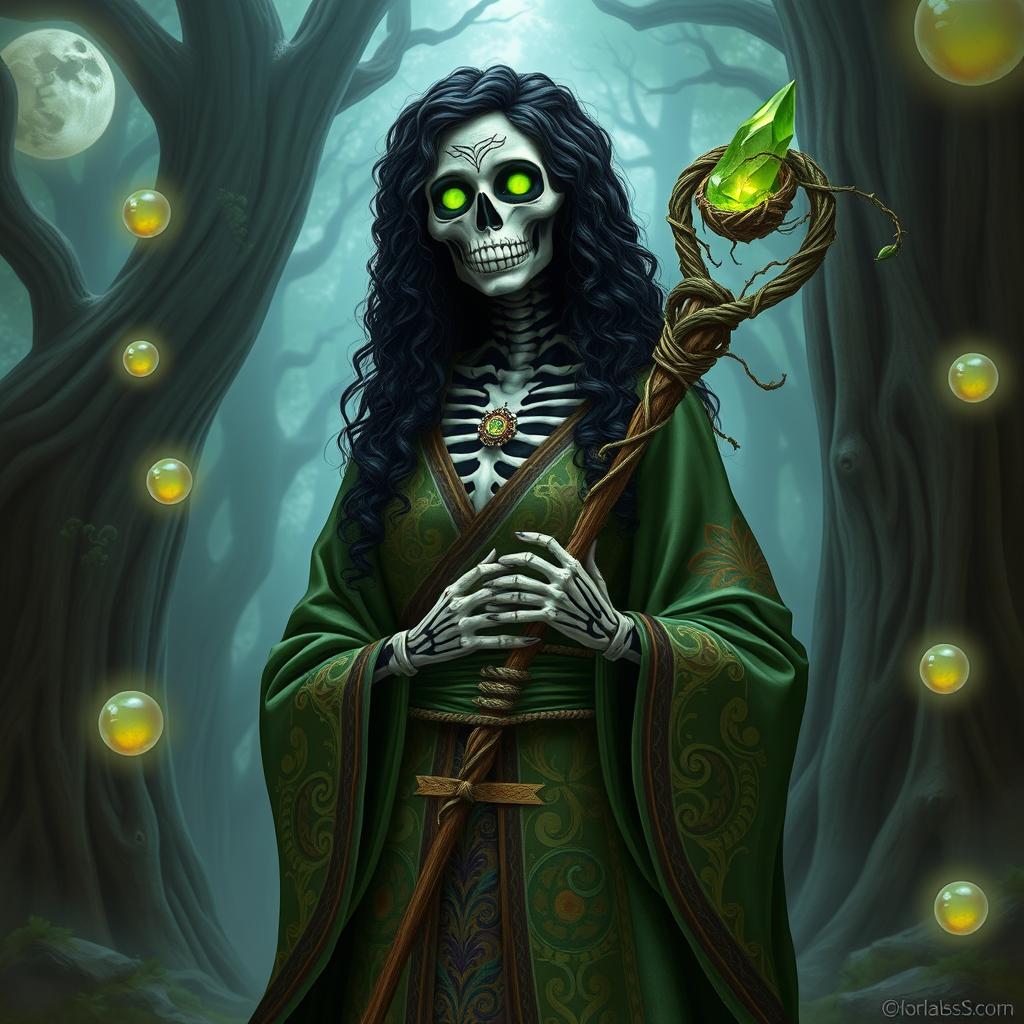 A female calavera skeleton cleric with ornate skull markings and glowing green eyes, featuring long, black curly hair cascading over her green and brown robes