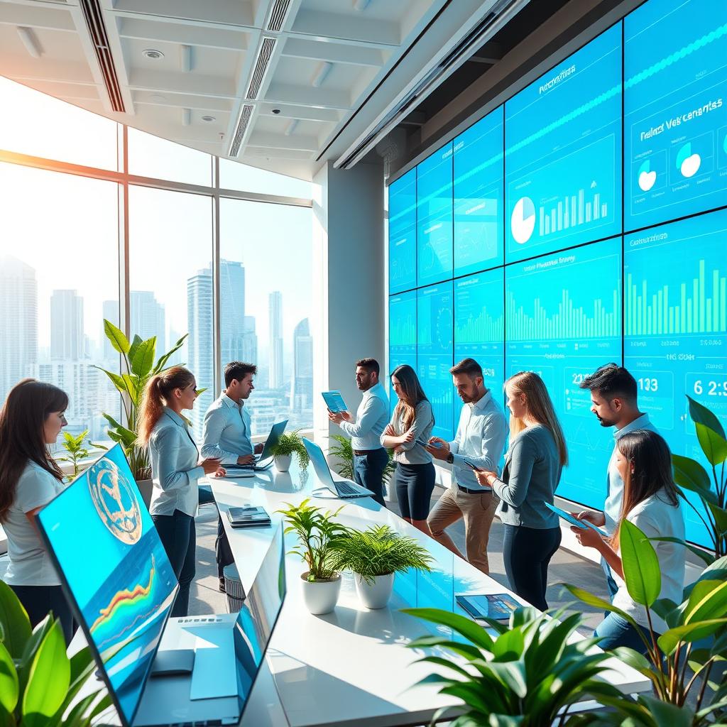 A modern, sleek office environment showcasing a diverse team of professionals collaborating with advanced technology