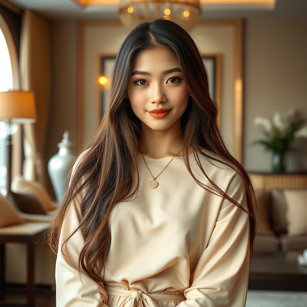 A beautiful Thai-Chinese young woman with fair skin and a stunningly graceful face