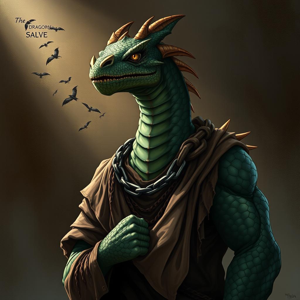 A dragonborn slave depicted in a fantasy Dungeons and Dragons style illustration, featuring a powerful and majestic dragonborn character with scales in shades of deep green and bronze