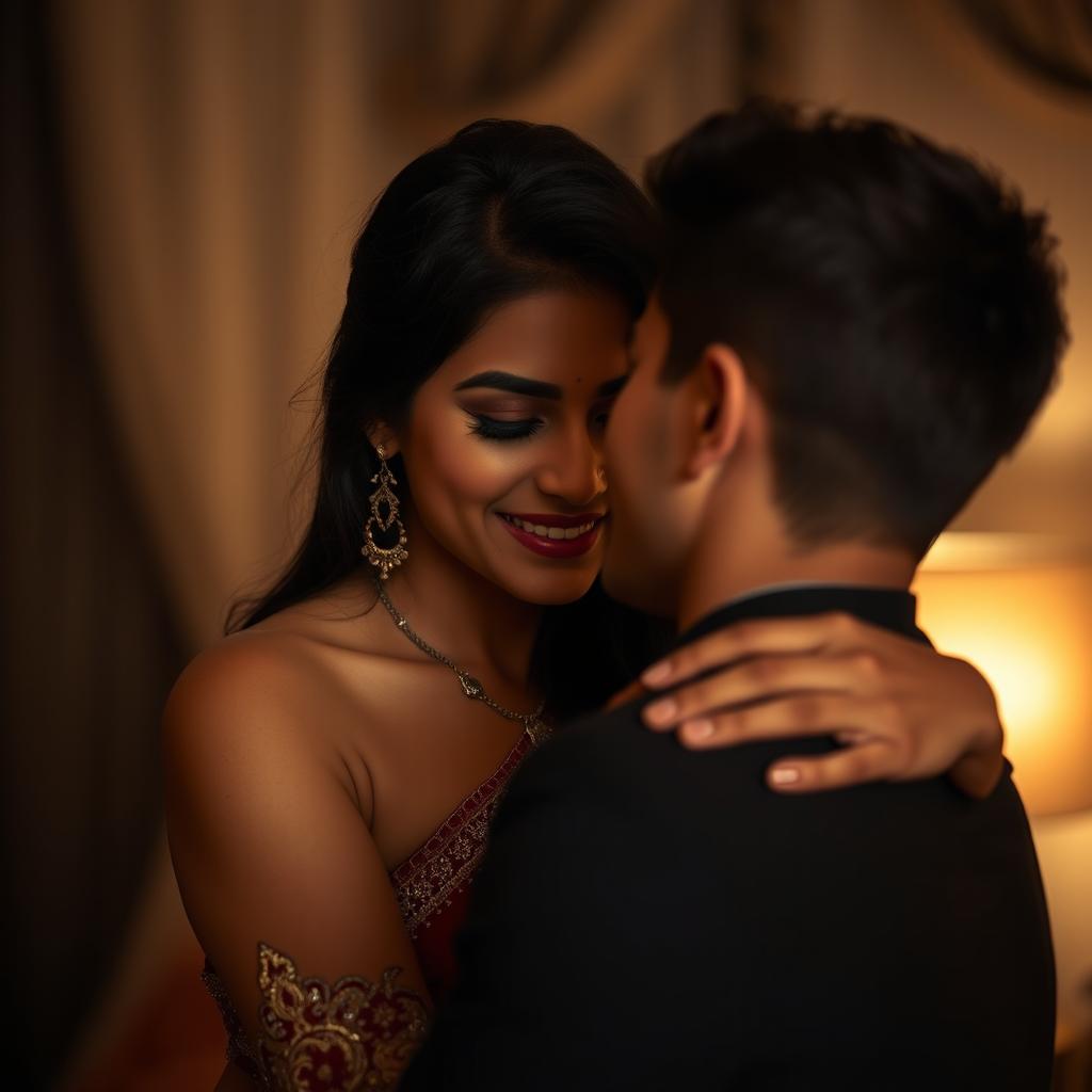 A captivating 38-year-old Indian woman, exuding confidence and allure, embracing her natural beauty in a stunning, artistic style