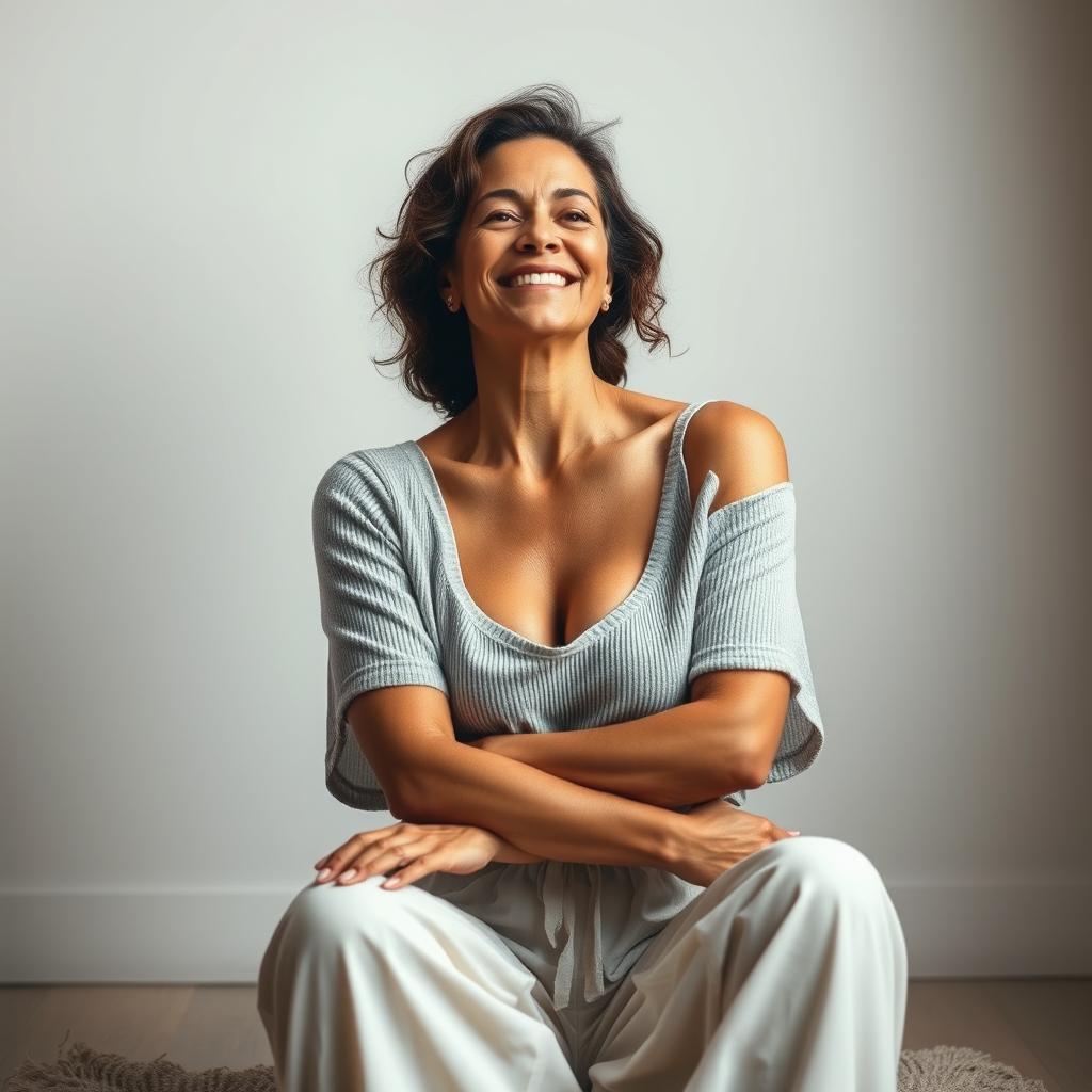 A serene and confident 38-year-old woman, embracing her natural beauty while seated gracefully