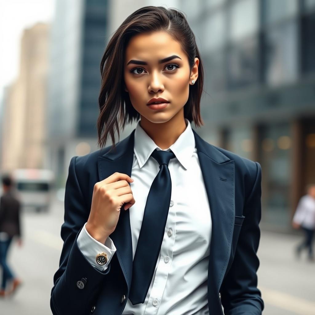 A fashion-forward young woman with a striking appearance, exuding confidence, dressed in a sleek, tailored suit and tie