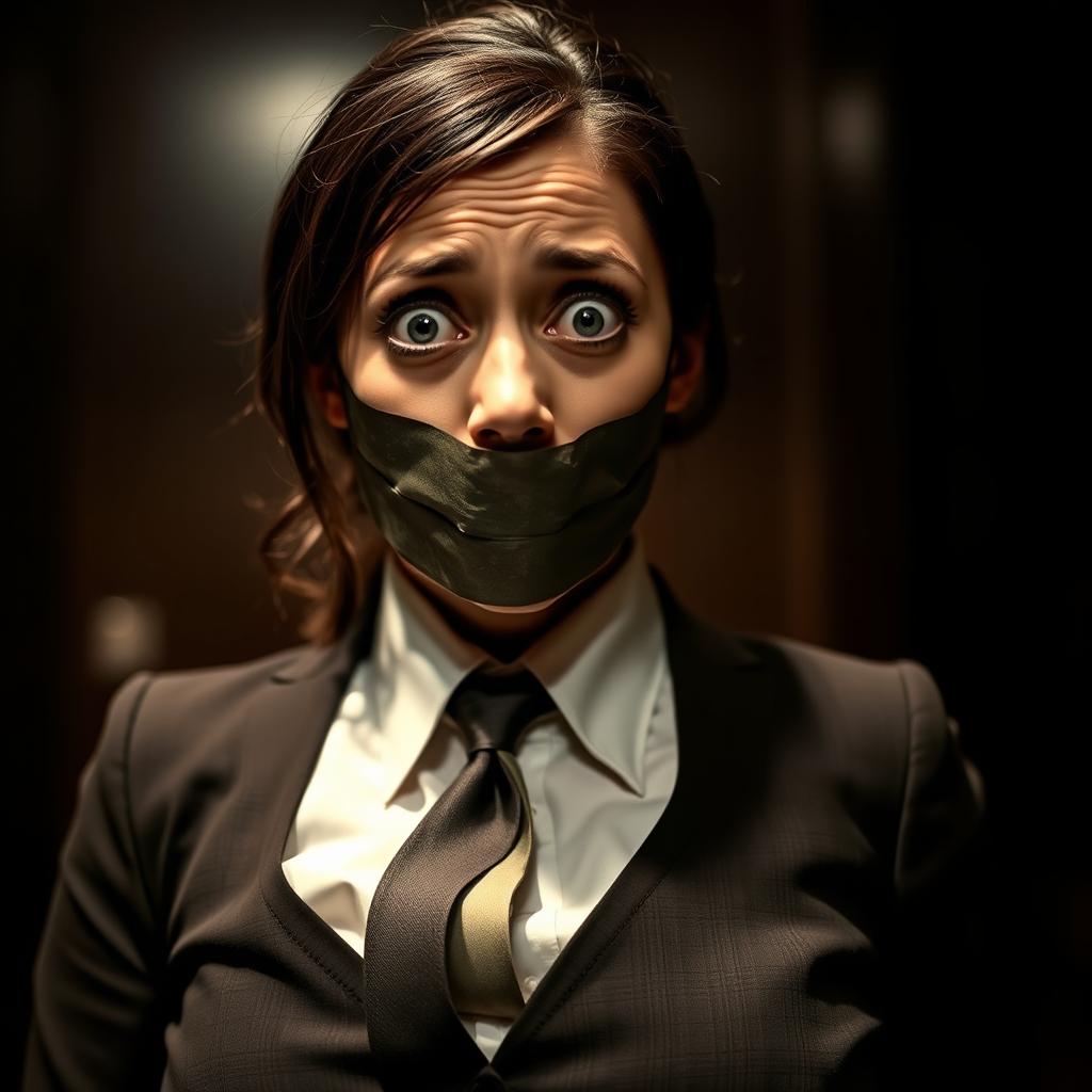 A woman in a formal suit and tie, looking very scared and wide-eyed