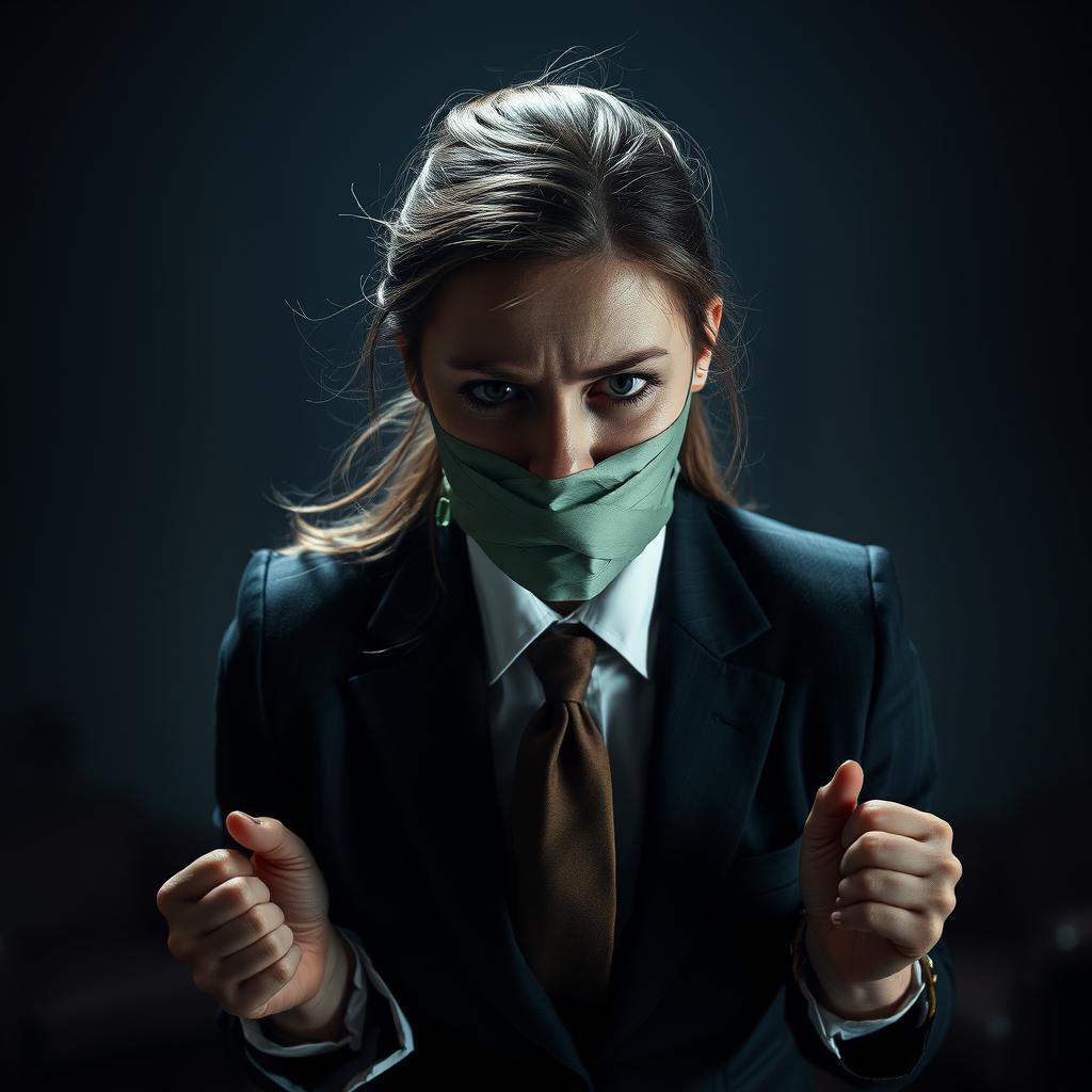 A dramatic scene depicting a young woman with an expression of fear, tightly gagged with duct tape, wearing a formal suit and tie