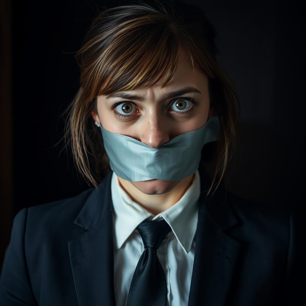 A dramatic scene featuring a young woman who looks very scared, gagged with duct tape