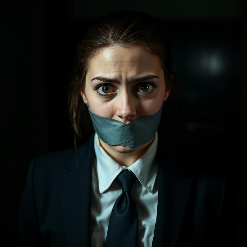 A young woman, clearly frightened, is depicted in a dramatic scene