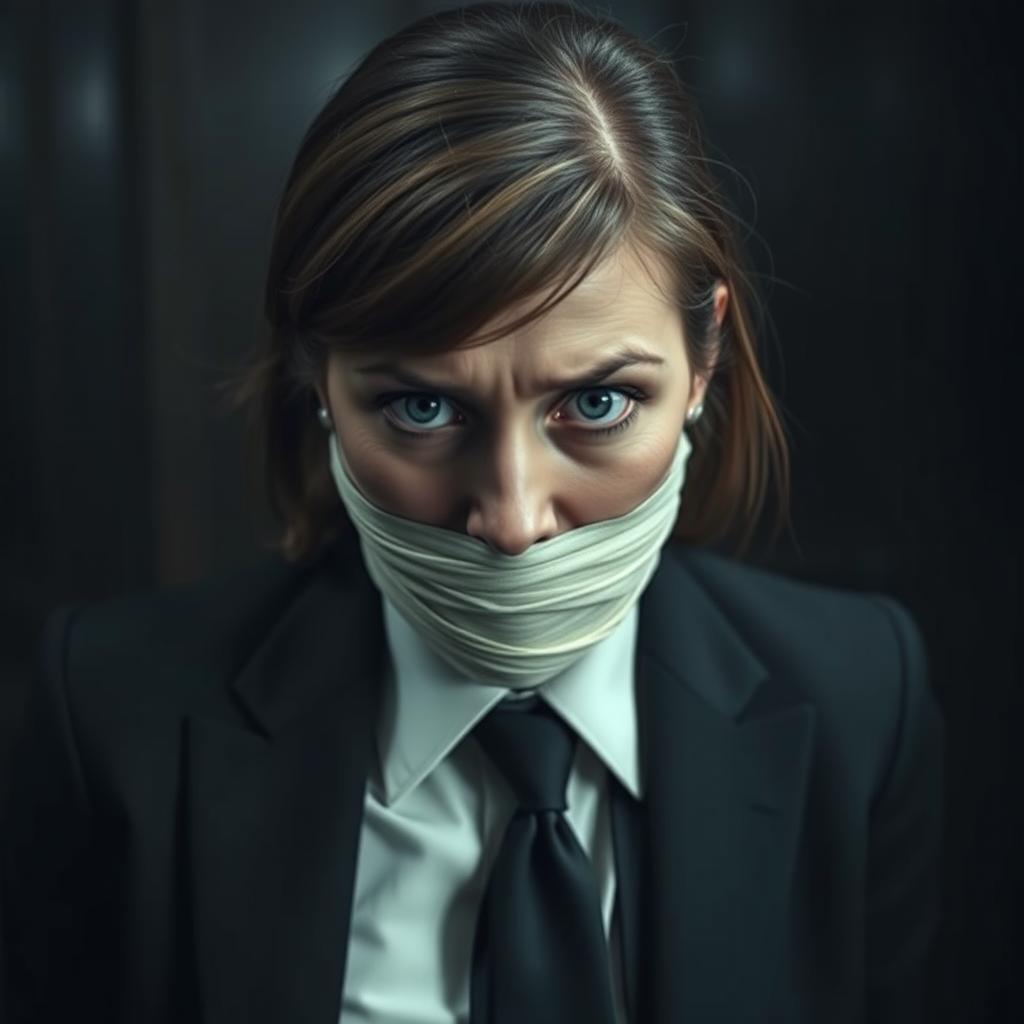 A woman dressed in a formal suit and tie, looking scared and gagged