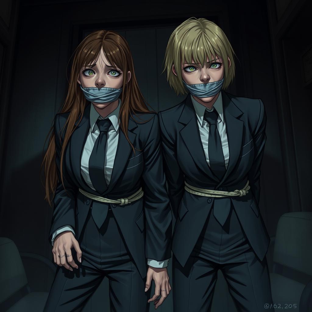 Two terrified girls gagged and tied by their arms and ankles, dressed in formal suits and ties, conveying a strong sense of fear and vulnerability