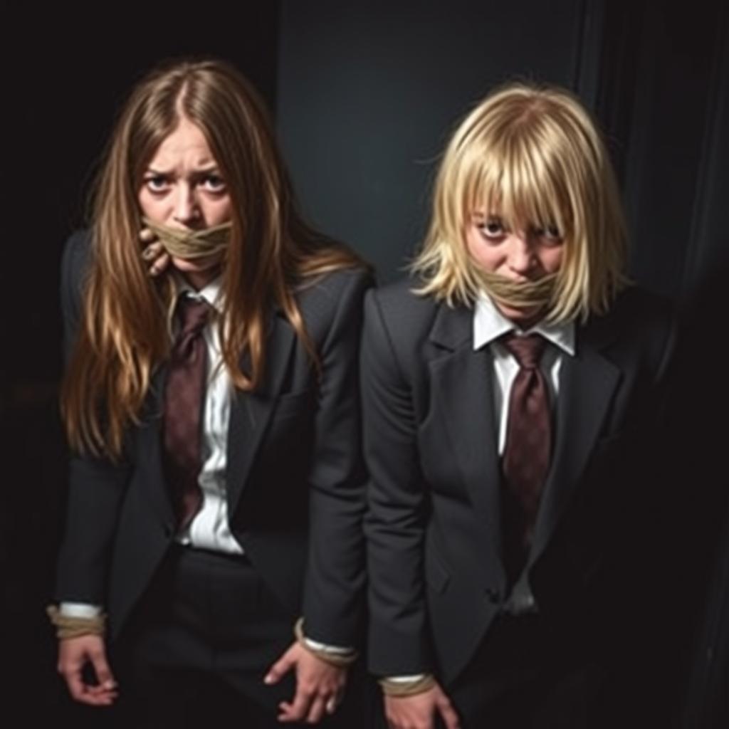 Two terrified girls gagged and tied by their arms and feet, dressed in formal suits and ties, embodying the essence of fear and distress associated with being kidnapped