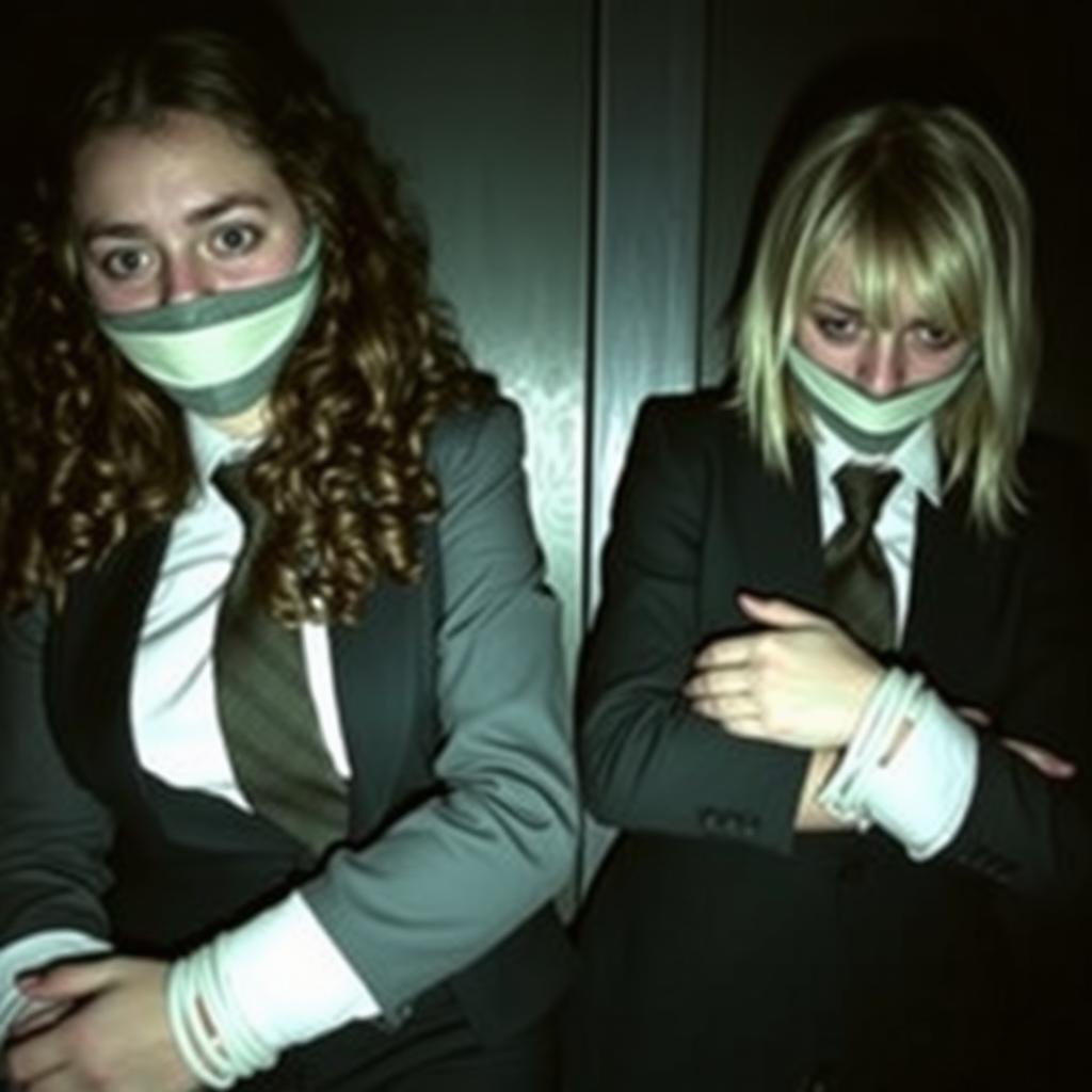 Two girls who have been kidnapped, gagged and tightly bound by their arms and feet, dressed impeccably in formal suits and ties
