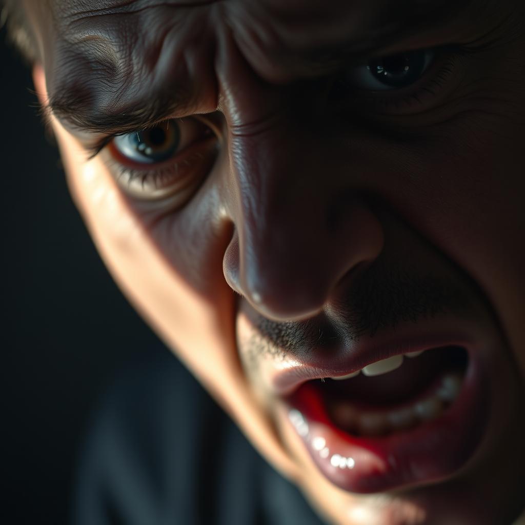 A close-up of a human face expressing a struggle for breath, with furrowed brows and wide eyes that convey panic and desperation