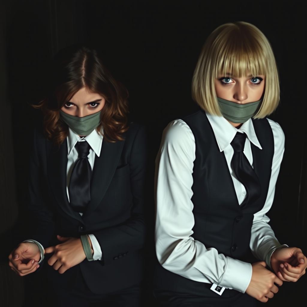 Two girls who have been kidnapped, tightly gagged and bound with their arms secured behind their backs and their feet tied, both dressed in elegant suits and ties