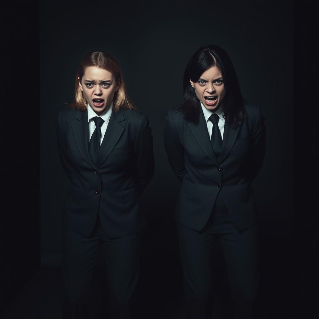Two frightened young women, their arms tied behind their backs and feet bound, are wearing formal suits with ties
