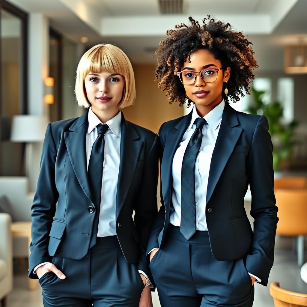 Two girls standing together, one with short straight hair and the other with voluminous curly hair