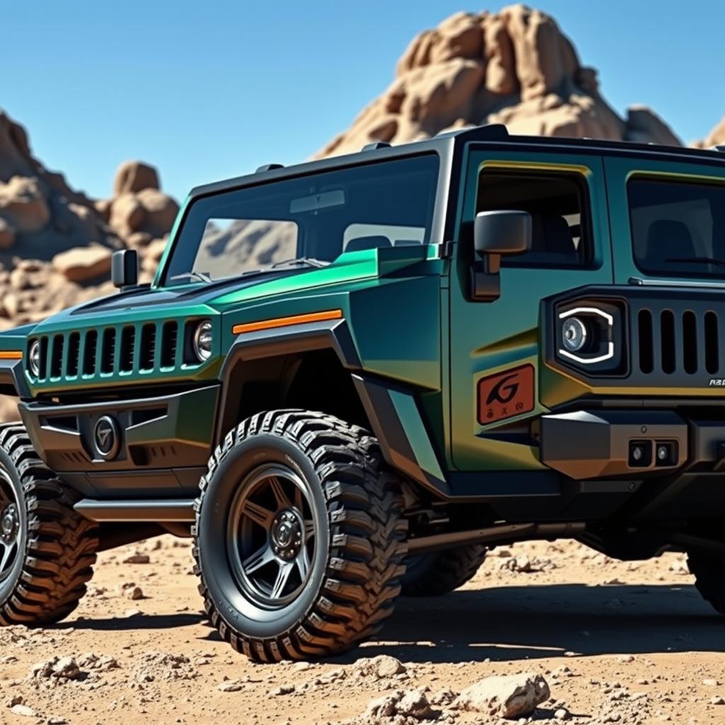 A stunning visualization of a new and innovative car inspired by the Hummer H2, featuring a sleek, muscular design with bold lines and a powerful stance
