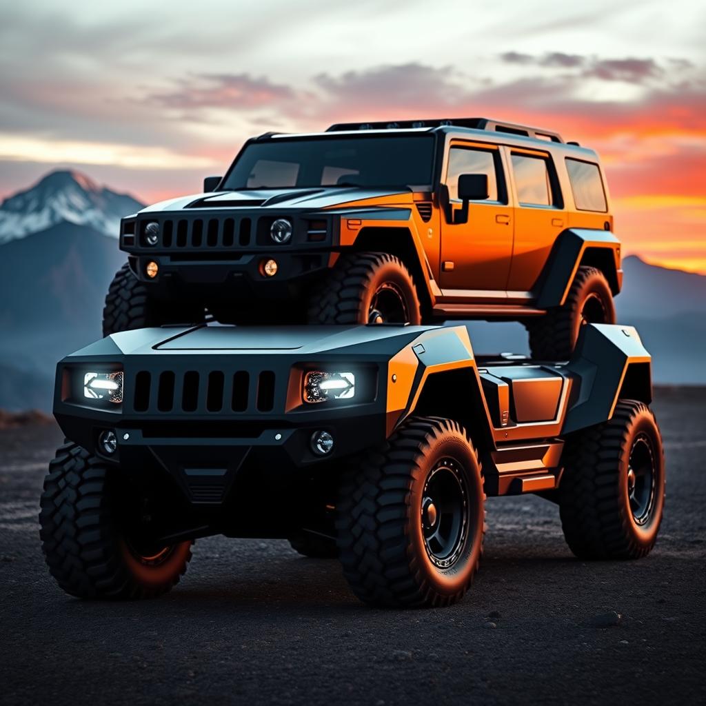 A futuristic concept car based on the design of the Hummer H1 (often referred to as the Honker), showcasing a bold and aggressive exterior with angular lines, large off-road tires, and a distinctively rugged body